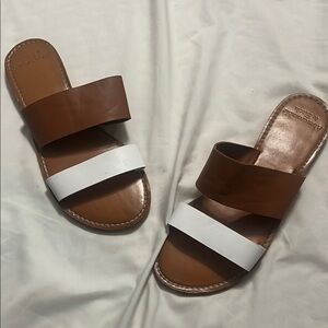 Brown and White Leather Slide Sandals